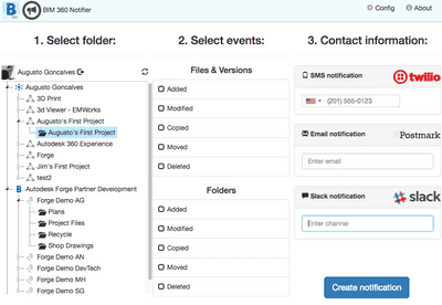 This sample application demonstrate Webhooks notifications for changes on BIM 360 Docs, BIM 360 Team (formerly A360) and Fusion 360 to SMS, Email and chat bot.