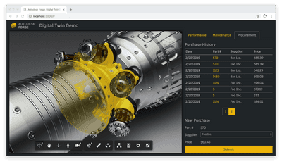 Autodesk Forge application demonstrating various use cases in manufacturing, specifically in context of digital twins.